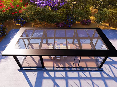 Modern Glass Roof Pergola with Surrounding Flowers Trees and Outdoor Relaxation Area 3d model