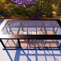 Modern Glass Roof Pergola with Surrounding Flowers Trees and Outdoor Relaxation Area