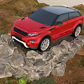 Red SUV Parked On Rocky Terrain With Green Grass And Scenic Outdoor View