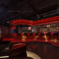 Modern Bar Interior Design With Red Ambient Lighting Leather Sofas And Metal Decorations 3d model