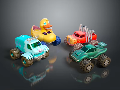 Colorful Toy Monster Trucks With Animal Shapes Including Duck And Fish For Kids 3d model