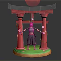 Traditional Character In Black Outfit Standing By Red Torii Gate With Cherry Blossoms