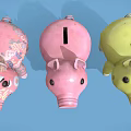 Three Colorful Piggy Banks With Unique Patterns And Designs On Blue Background
