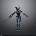 Woman In Blue Black Fantasy Outfit With White Hair And Decorative Sword