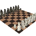 Classic Chess Set With Carved Black White Pieces On Wooden Checkerboard