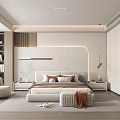 Modern Bedroom Interior Design With Comfortable Bed Nightstands Bookshelves And Accent Chair