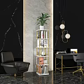 Elegant Modern Bookcase With Gold Frame And Green Plant On Marble Wall Background