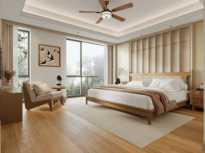 Modern Bedroom Interior With Wooden Floor Large Bed Upholstered Headboard And Floor to Ceiling Windows 3d model