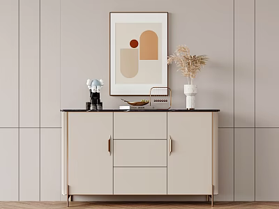 Modern Minimalist Entryway Side Cabinet in Beige with Metal Handles and Decorative Vase on Top 3d model