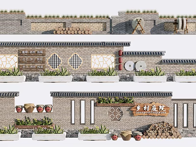 Chinese Style Background Wall With Brick Texture Decorative Windows Potted Plants And Wooden Signs 3d model