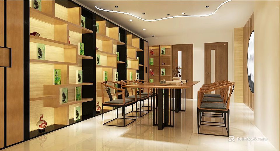 Modern Chinese Tea House Interior With Wooden Shelves Green Plants And Round Table Bamboo Chairs 3d model 