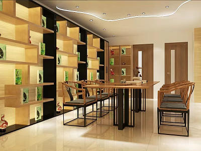 Modern Chinese Tea House Interior With Wooden Shelves Green Plants And Round Table Bamboo Chairs 3d model