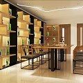 Modern Chinese Tea House Interior With Wooden Shelves Green Plants And Round Table Bamboo Chairs