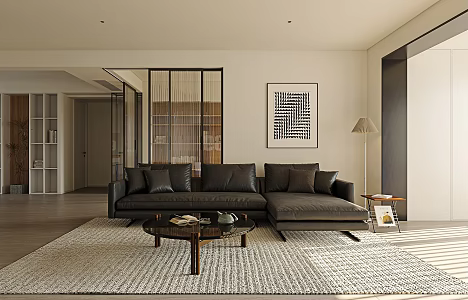 Modern Living Room Home Living Room Black Leather Multi-person Sofa Coffee Table Combination Floor Lamp 3d model