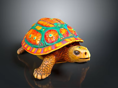 Colorful Decorative Turtle Sculpture With Patterned Shell On Dark Reflective Background 3d model