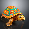 Colorful Decorative Turtle Sculpture With Patterned Shell On Dark Reflective Background 3d model