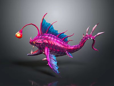 3D Render of Mythical Fantasy Fish with Pink Blue Scales Glowing Lantern and Sharp Teeth 3d model