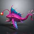 3D Render of Mythical Fantasy Fish with Pink Blue Scales Glowing Lantern and Sharp Teeth