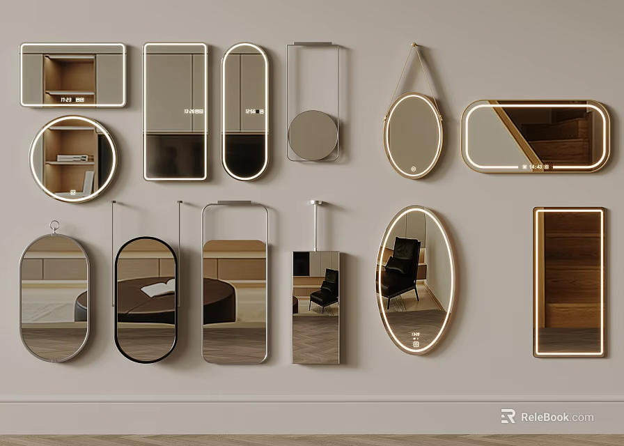 Various Designed Mirrors In Different Shapes For Home Wall Decor Arrangement 3d model 