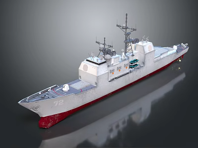 Modern Warship Model Number 72 With White Hull Red Bottom Radar Antennas And Missile Launchers 3d model