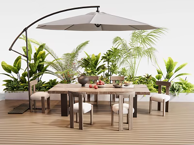 Stylish Outdoor Dining Table with Cantilever Umbrella Chairs Fruits and Green Plants on Wooden Deck 3d model