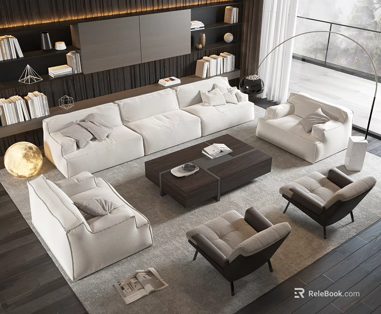 Modern Cream Fabric Sofa and Dark Coffee Table Set with Leather Armchairs in Living Room 3d model 