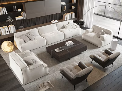 Modern Cream Fabric Sofa and Dark Coffee Table Set with Leather Armchairs in Living Room 3d model
