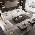 Modern Cream Fabric Sofa and Dark Coffee Table Set with Leather Armchairs in Living Room