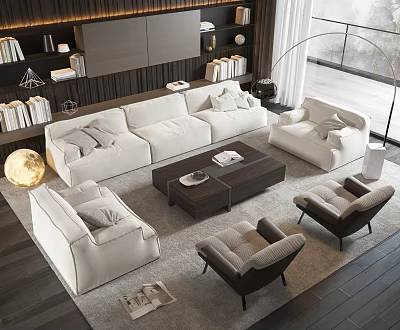 Modern Cream Fabric Sofa and Dark Coffee Table Set with Leather Armchairs in Living Room 3d model