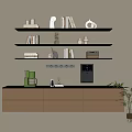 Wooden Decorative Cabinet With Shelves Holding Books White Ornaments On Gray Wall
