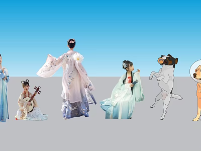 Group of people wearing traditional costumes enjoying outdoor activities with instruments and animals 3d model