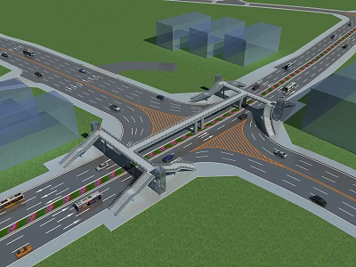 Efficient Traffic Flow in Modern Road Interchange with Multiple Lanes Vehicles and Surrounding Buildings 3d model