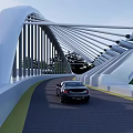 Modern Curved Bridge Design With River Green Grass And Trees Landscape