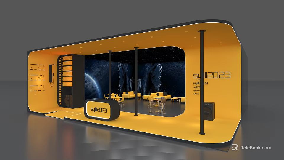 Suzuki 2023 Exhibition Booth With Yellow Design Tables Chairs And Starry Background 3d model 