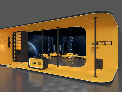 Suzuki 2023 Exhibition Booth With Yellow Design Tables Chairs And Starry Background 3d model