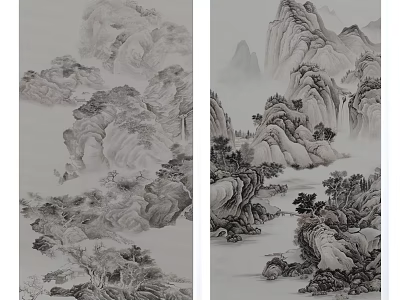 Traditional Chinese Landscape Painting with Ink Wash Style Mountains Trees and Water Streams 3d model