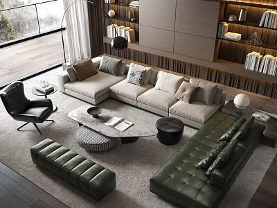 Modern Living Room With Light And Dark Green Sofa Coffee Table Set And Ottoman 3d model