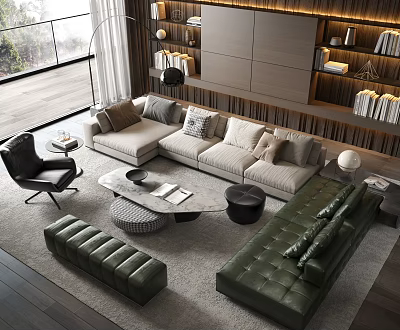 Modern Living Room With Light And Dark Green Sofa Coffee Table Set And Ottoman 3d model