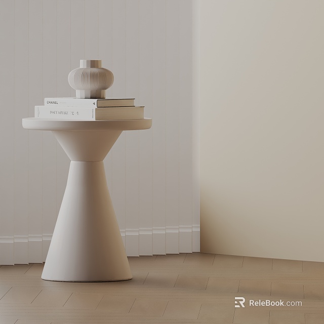 White Modern Side Table with Stacked Books and Decorative Ornament on Minimalist Conical Base 3d model 