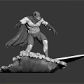 3D Superhero Figurine With Cape Costume Standing On Wave Surfboard Base