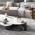 Modern Light Gray Sofa Coffee Table Set With Marble Top Pillows Throw Blanket And Decorative Items 3d model