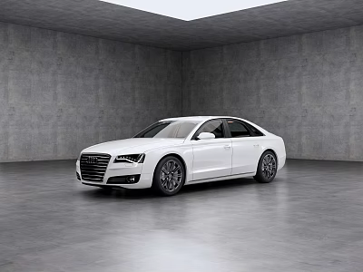 White Audi Luxury Sedan Parked In Minimalist Gray Interior With Skylight And Spacious Floor 3d model