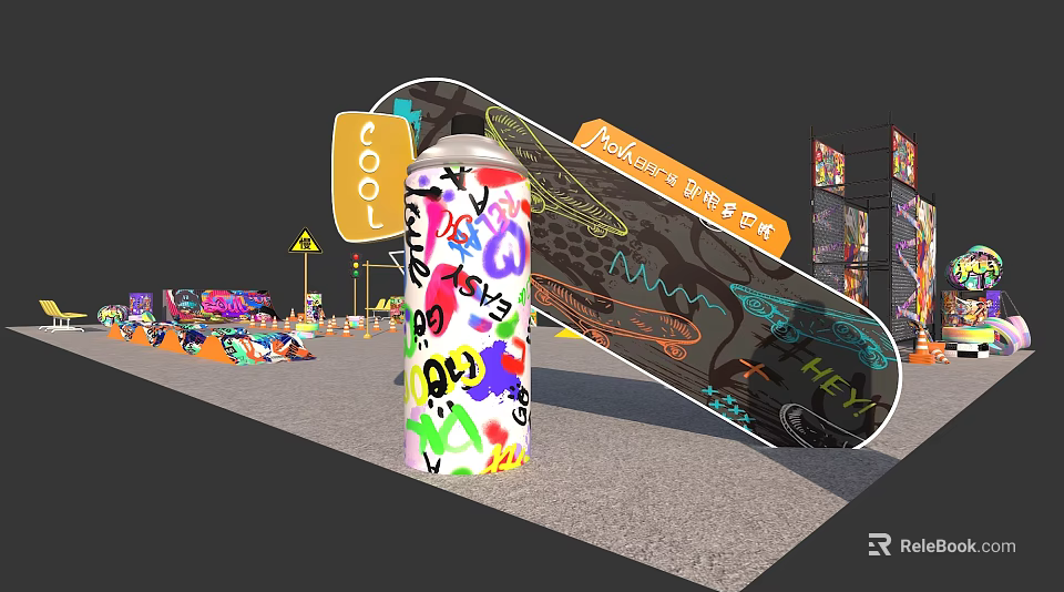 Vibrant Graffiti Art Scene With Colorful Can Skateboard And Urban Decor 3d model 