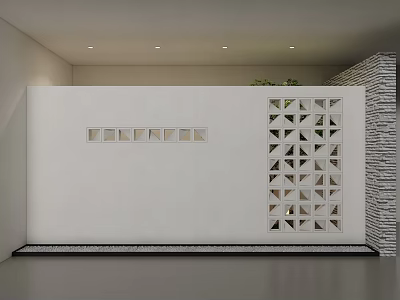 White Background Wall Featuring Geometric Cutouts Stone Accent Wall Black Base Trim And Ceiling Lighting 3d model