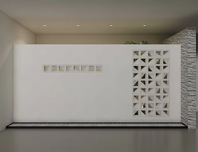White Background Wall Featuring Geometric Cutouts Stone Accent Wall Black Base Trim And Ceiling Lighting 3d model