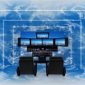 Advanced Flight Simulator Control Console Featuring Multiple Screens And Operator Seats