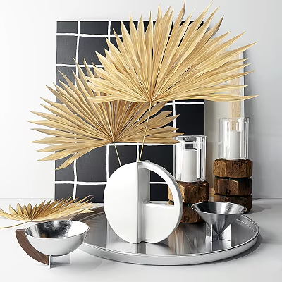Decorative Ornament Set with Golden Palm Leaves White Vase Wooden Bases and Metal Bowls 3d model