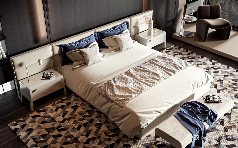 Modern Double Bed with Dark Headboard Wall Blue White Pillows Nightstands and Geometric Carpet 3d model 