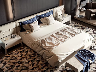 Modern Double Bed with Dark Headboard Wall Blue White Pillows Nightstands and Geometric Carpet 3d model