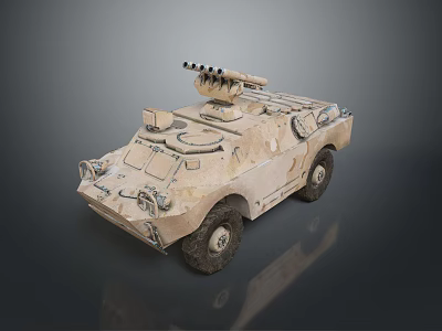Sand Colored Armored Military Tank With Four Wheels And Top Mounted Machine Gun 3d model